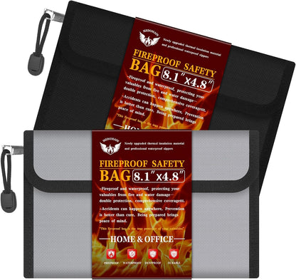 Small Money Bag (8.1“ × 4.8”)，Zippered Fireproof Waterproof Document Bag， Safe Fireproof Document Box，Small Fireproof Money for Cash, Currency, Keys, and Passports (2-Pack)