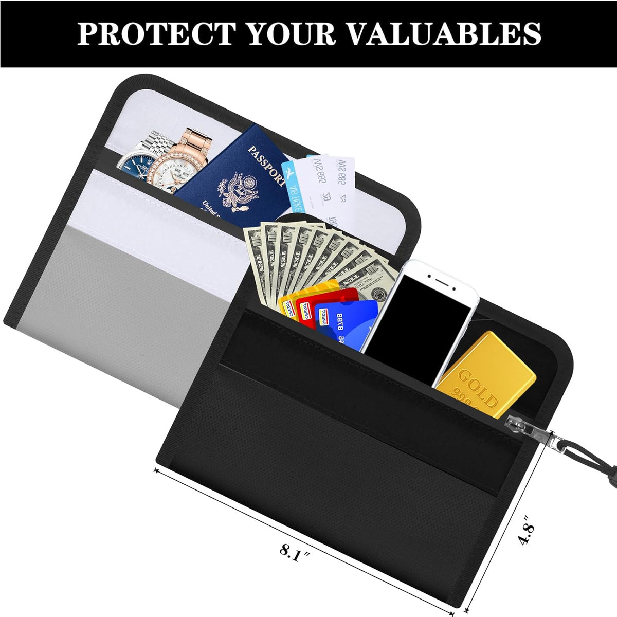 Small Money Bag (8.1“ × 4.8”)，Zippered Fireproof Waterproof Document Bag， Safe Fireproof Document Box，Small Fireproof Money for Cash, Currency, Keys, and Passports (2-Pack)