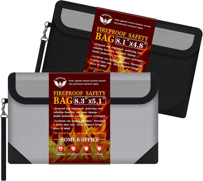 Small Money Bag (8.1“ × 4.8”)，Zippered Fireproof Waterproof Document Bag， Safe Fireproof Document Box，Small Fireproof Money for Cash, Currency, Keys, and Passports (2-Pack)