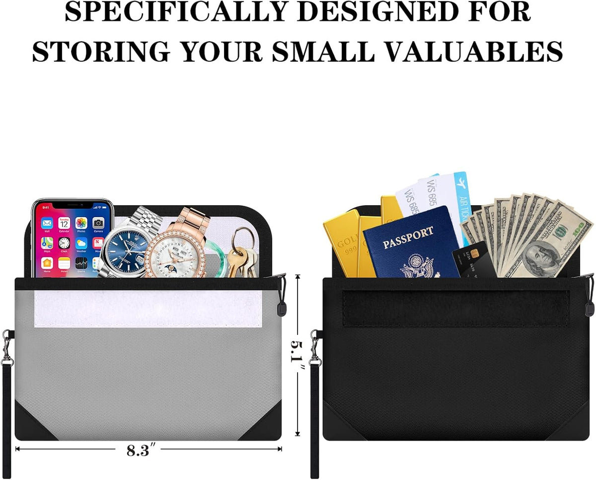 Small Money Bag (8.1“ × 4.8”)，Zippered Fireproof Waterproof Document Bag， Safe Fireproof Document Box，Small Fireproof Money for Cash, Currency, Keys, and Passports (2-Pack)