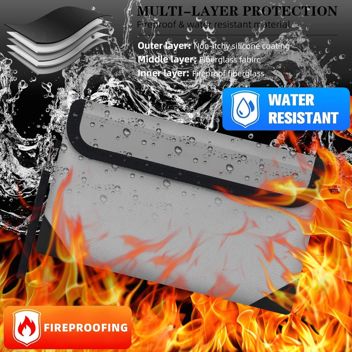 Small Money Bag (8.1“ × 4.8”)，Zippered Fireproof Waterproof Document Bag， Safe Fireproof Document Box，Small Fireproof Money for Cash, Currency, Keys, and Passports (2-Pack)