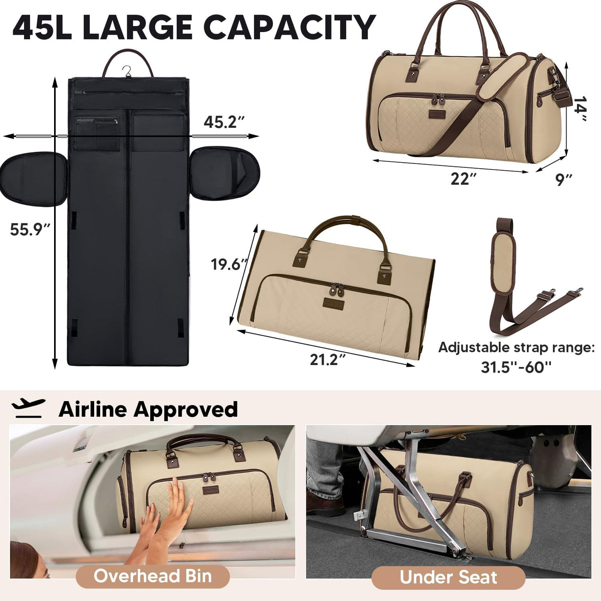 2 in 1 Duffle Bag, Carry On Duffle Bags for Women, 2 in 1 Suit Bag with Shoes Compartment 45L Garment Bag for Airplane Travel,Garment Bags with Shoulder Strap,(Khaki)