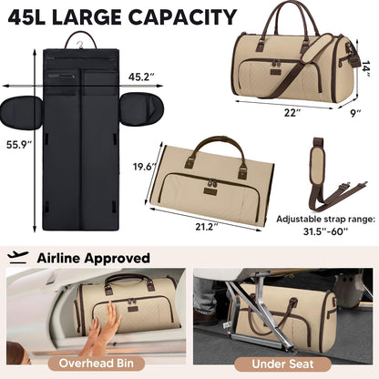 2 in 1 Duffle Bag, Carry On Duffle Bags for Women, 2 in 1 Suit Bag with Shoes Compartment 45L Garment Bag for Airplane Travel,Garment Bags with Shoulder Strap,(Khaki)