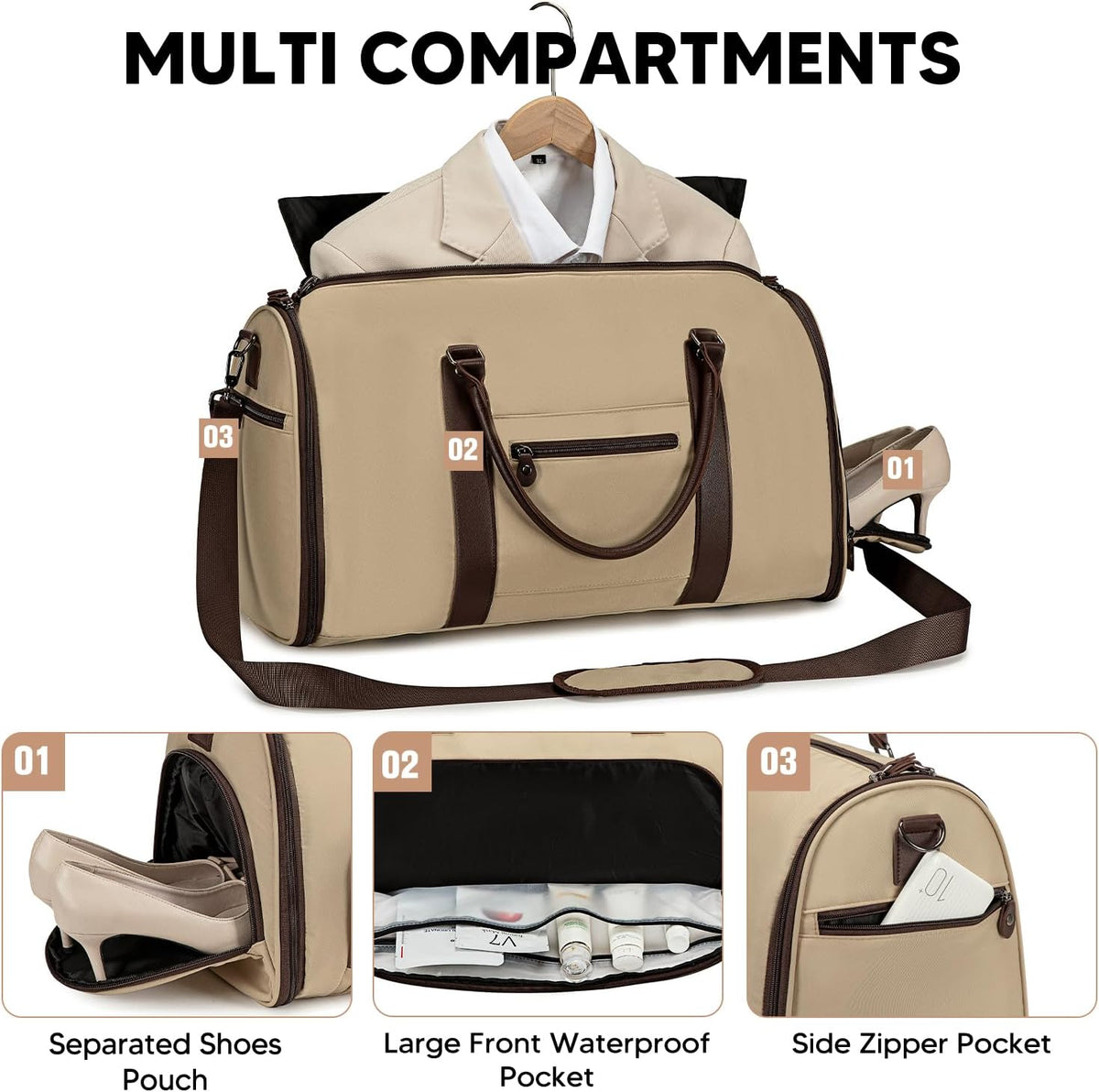 2 in 1 Duffle Bag, Carry On Duffle Bags for Women, 2 in 1 Suit Bag with Shoes Compartment 45L Garment Bag for Airplane Travel,Garment Bags with Shoulder Strap,(Khaki)