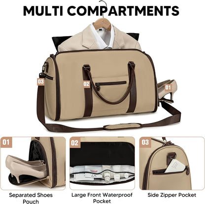 2 in 1 Duffle Bag, Carry On Duffle Bags for Women, 2 in 1 Suit Bag with Shoes Compartment 45L Garment Bag for Airplane Travel,Garment Bags with Shoulder Strap,(Khaki)