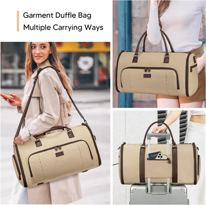 2 in 1 Duffle Bag, Carry On Duffle Bags for Women, 2 in 1 Suit Bag with Shoes Compartment 45L Garment Bag for Airplane Travel,Garment Bags with Shoulder Strap,(Khaki)