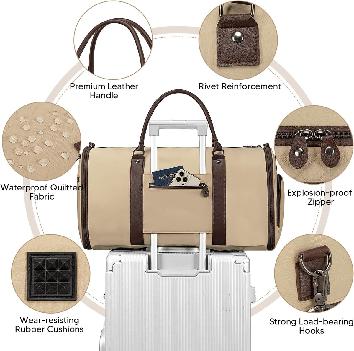 2 in 1 Duffle Bag, Carry On Duffle Bags for Women, 2 in 1 Suit Bag with Shoes Compartment 45L Garment Bag for Airplane Travel,Garment Bags with Shoulder Strap,(Khaki)
