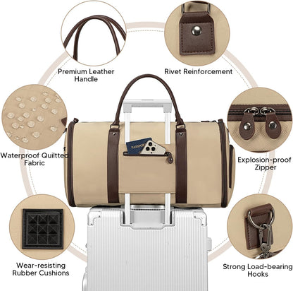 2 in 1 Duffle Bag, Carry On Duffle Bags for Women, 2 in 1 Suit Bag with Shoes Compartment 45L Garment Bag for Airplane Travel,Garment Bags with Shoulder Strap,(Khaki)
