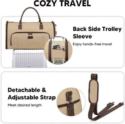 2 in 1 Duffle Bag, Carry On Duffle Bags for Women, 2 in 1 Suit Bag with Shoes Compartment 45L Garment Bag for Airplane Travel,Garment Bags with Shoulder Strap,(Khaki)