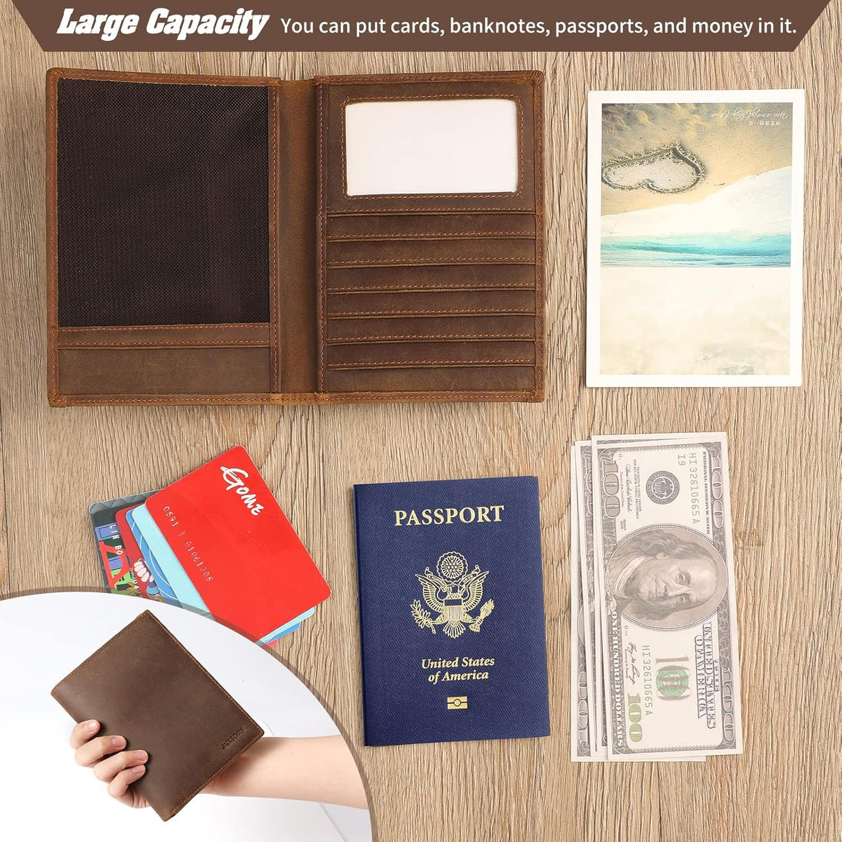 Genuine Leather Handmade Passport Holder For Travel, RFID Blocking Passport Holder with Card Slots, Travel Essentials wallet with Pen Holder for Women and Men for Gifting, Brown