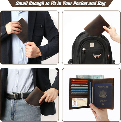 Genuine Leather Handmade Passport Holder For Travel, RFID Blocking Passport Holder with Card Slots, Travel Essentials wallet with Pen Holder for Women and Men for Gifting, Brown