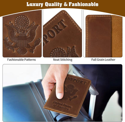 Genuine Leather Handmade Passport Holder For Travel, RFID Blocking Passport Holder with Card Slots, Travel Essentials wallet with Pen Holder for Women and Men for Gifting, Brown