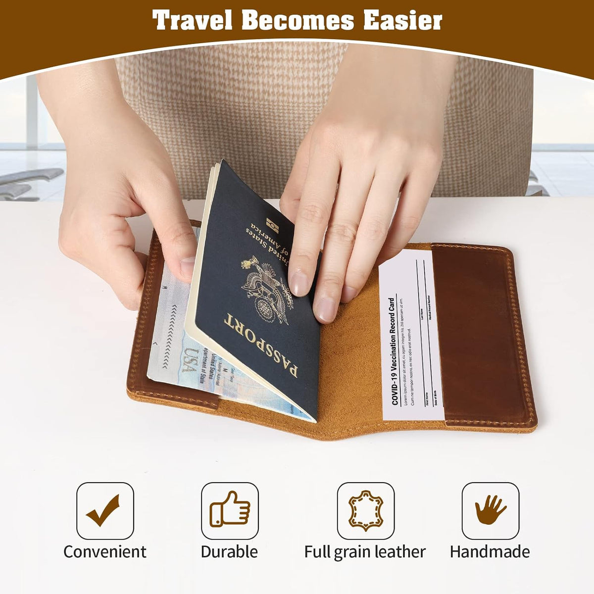 Genuine Leather Handmade Passport Holder For Travel, RFID Blocking Passport Holder with Card Slots, Travel Essentials wallet with Pen Holder for Women and Men for Gifting, Brown