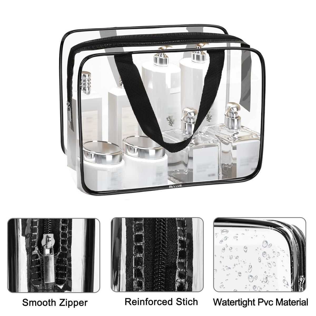 APREUTY Clear Makeup Bags, TSA Approved 6 Pcs Cosmetic Makeup Bags Set Clear PVC with Zipper Handle Portable Travel Luggage Pouch Airport Airline Vacation Organization (Black)