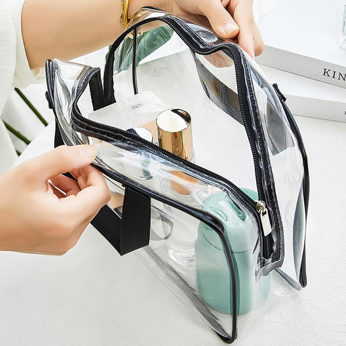 APREUTY Clear Makeup Bags, TSA Approved 6 Pcs Cosmetic Makeup Bags Set Clear PVC with Zipper Handle Portable Travel Luggage Pouch Airport Airline Vacation Organization (Black)