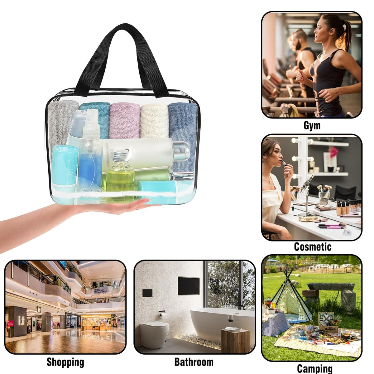 APREUTY Clear Makeup Bags, TSA Approved 6 Pcs Cosmetic Makeup Bags Set Clear PVC with Zipper Handle Portable Travel Luggage Pouch Airport Airline Vacation Organization (Black)
