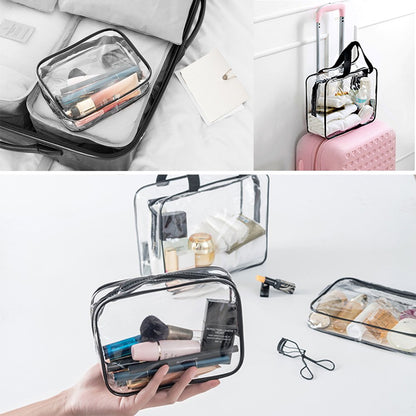 APREUTY Clear Makeup Bags, TSA Approved 6 Pcs Cosmetic Makeup Bags Set Clear PVC with Zipper Handle Portable Travel Luggage Pouch Airport Airline Vacation Organization (Black)