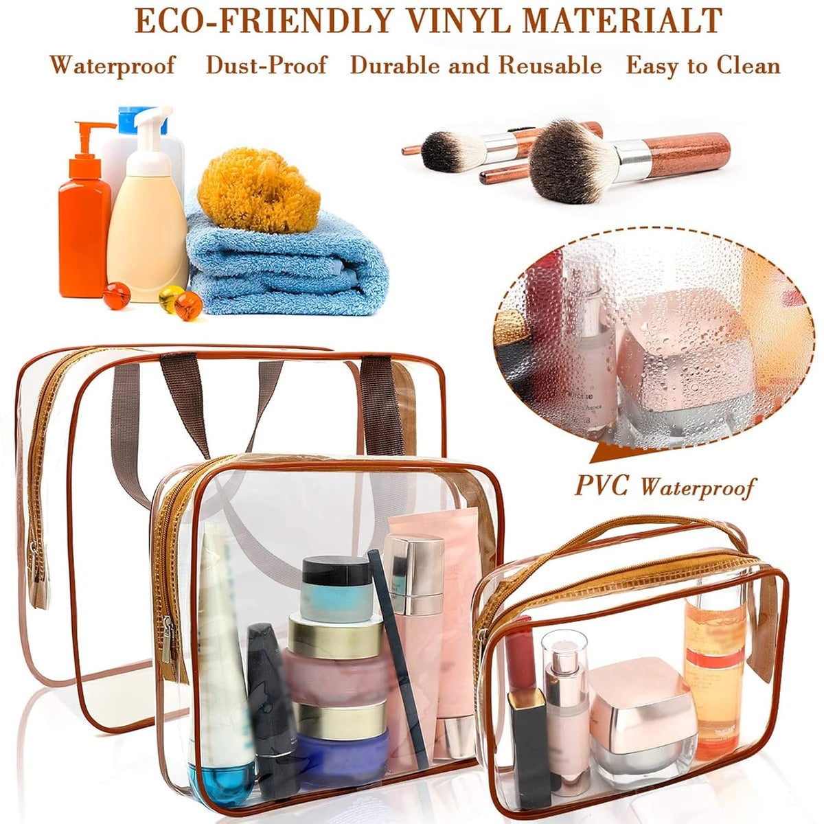APREUTY Clear Makeup Bags, TSA Approved 6 Pcs Cosmetic Makeup Bags Set Clear PVC with Zipper Handle Portable Travel Luggage Pouch Airport Airline Vacation Organization (Black)