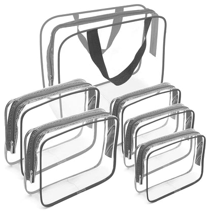 APREUTY Clear Makeup Bags, TSA Approved 6 Pcs Cosmetic Makeup Bags Set Clear PVC with Zipper Handle Portable Travel Luggage Pouch Airport Airline Vacation Organization (Black)