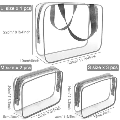APREUTY Clear Makeup Bags, TSA Approved 6 Pcs Cosmetic Makeup Bags Set Clear PVC with Zipper Handle Portable Travel Luggage Pouch Airport Airline Vacation Organization (Black)