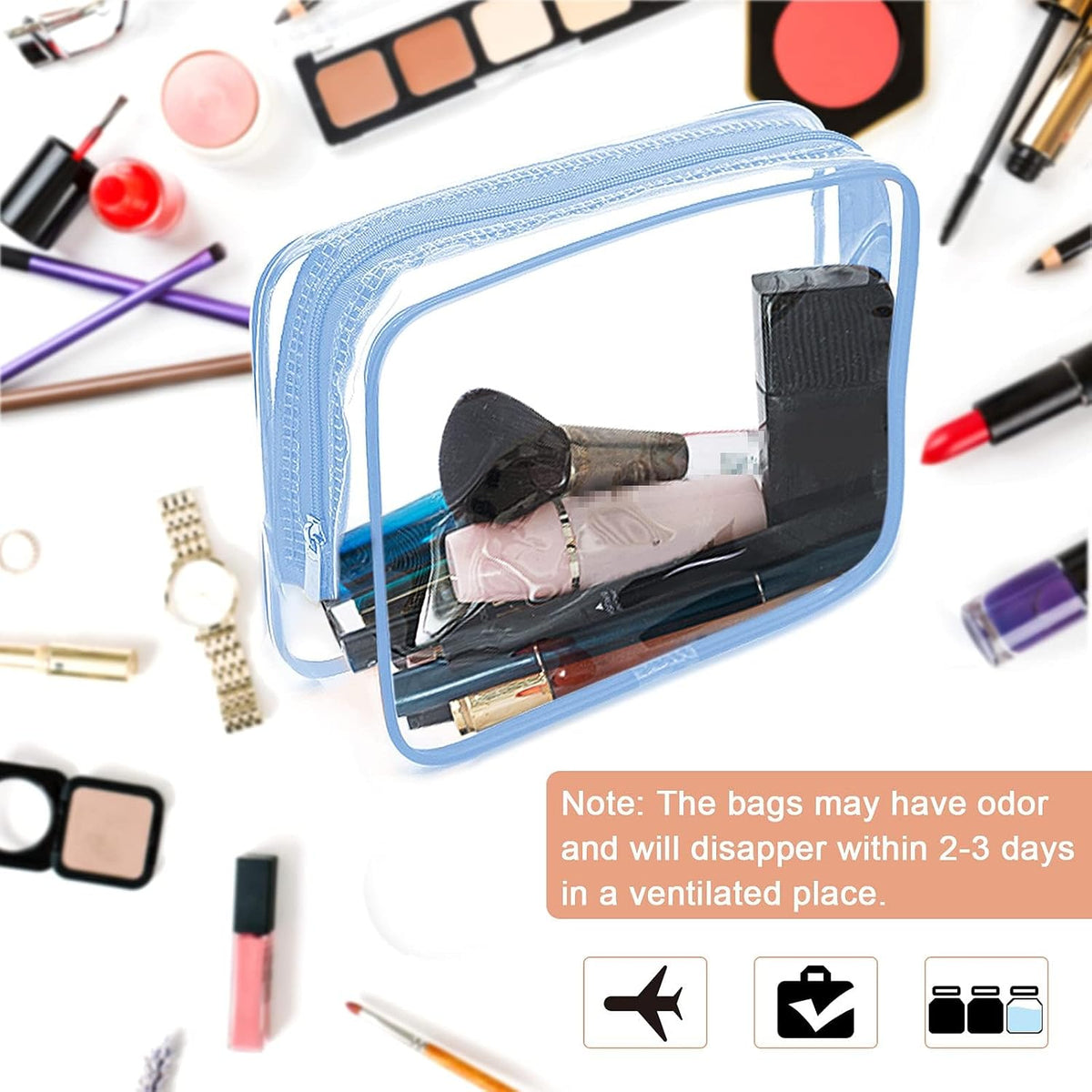 APREUTY Clear Makeup Bags, TSA Approved 6 Pcs Cosmetic Makeup Bags Set Clear PVC with Zipper Handle Portable Travel Luggage Pouch Airport Airline Vacation Organization (Black)