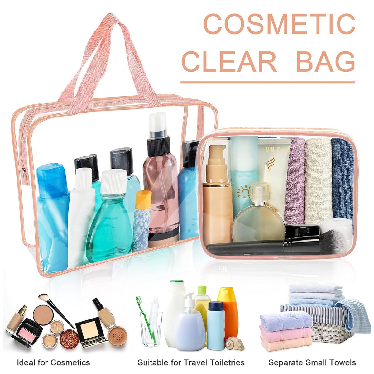 APREUTY Clear Makeup Bags, TSA Approved 6 Pcs Cosmetic Makeup Bags Set Clear PVC with Zipper Handle Portable Travel Luggage Pouch Airport Airline Vacation Organization (Black)