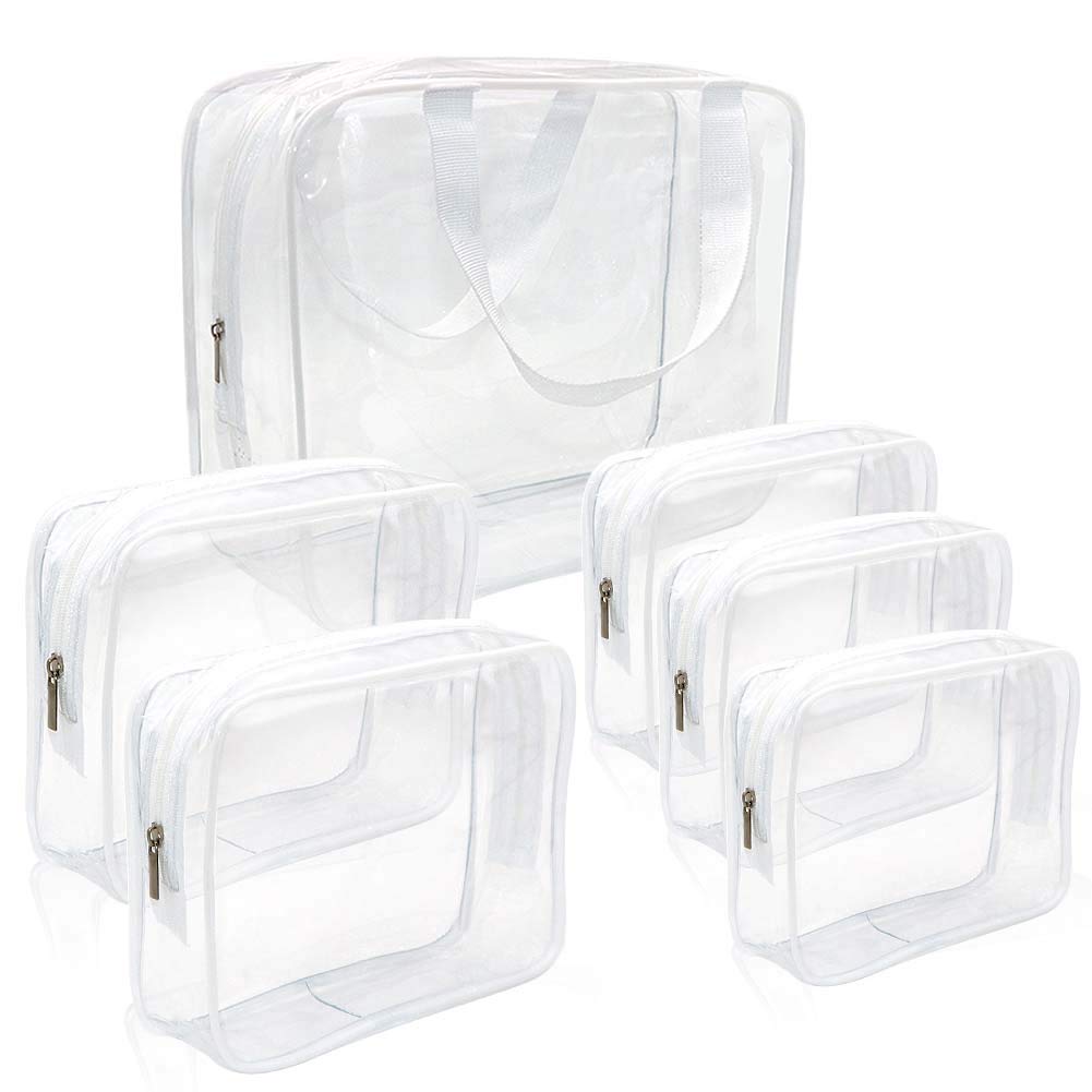 APREUTY Clear Makeup Bags, TSA Approved 6 Pcs Cosmetic Makeup Bags Set Clear PVC with Zipper Handle Portable Travel Luggage Pouch Airport Airline Vacation Organization (Black)