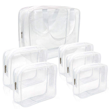 APREUTY Clear Makeup Bags, TSA Approved 6 Pcs Cosmetic Makeup Bags Set Clear PVC with Zipper Handle Portable Travel Luggage Pouch Airport Airline Vacation Organization (Black)