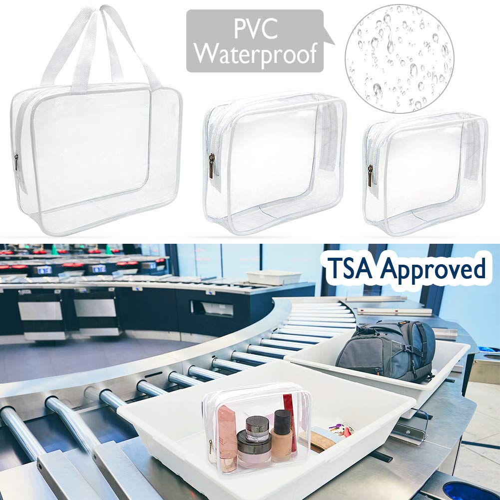 APREUTY Clear Makeup Bags, TSA Approved 6 Pcs Cosmetic Makeup Bags Set Clear PVC with Zipper Handle Portable Travel Luggage Pouch Airport Airline Vacation Organization (Black)