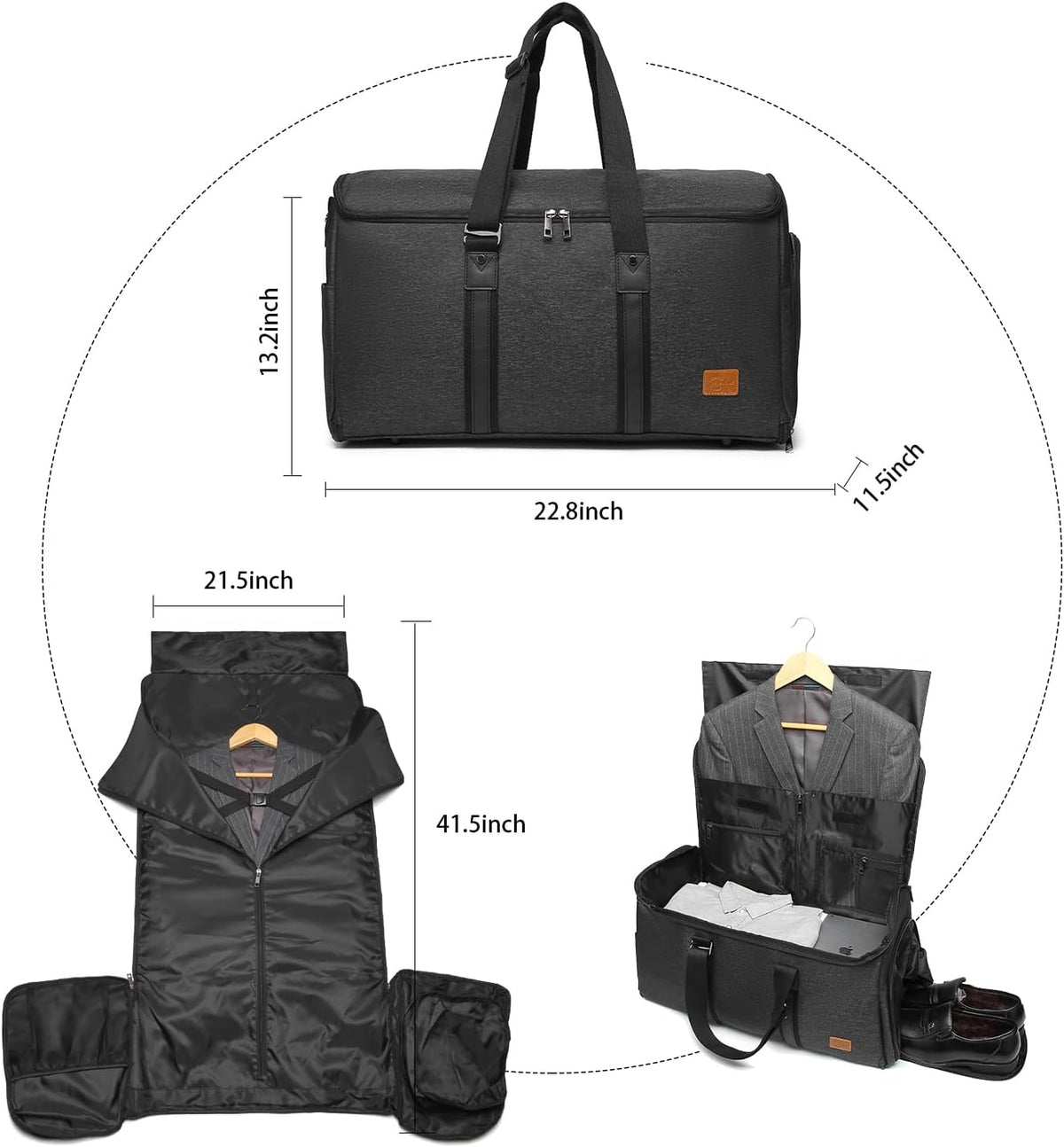 Convertible Garment Bag for Travel, Carry On Garment Bag Backpack for Men Women, 3 in 1 Hanging Suitcase Suit Business Travel Bag, Black