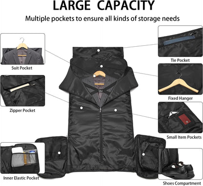 Convertible Garment Bag for Travel, Carry On Garment Bag Backpack for Men Women, 3 in 1 Hanging Suitcase Suit Business Travel Bag, Black