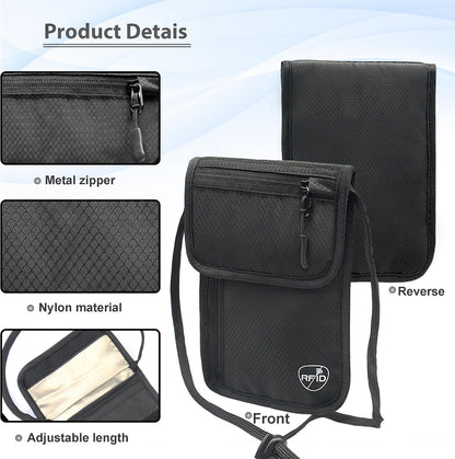 Passport Holder for Travel, Travel Wallet for Men Women Family, Hidden Neck Wallet, RFID Blocking, Card Holder Organizer(Black)