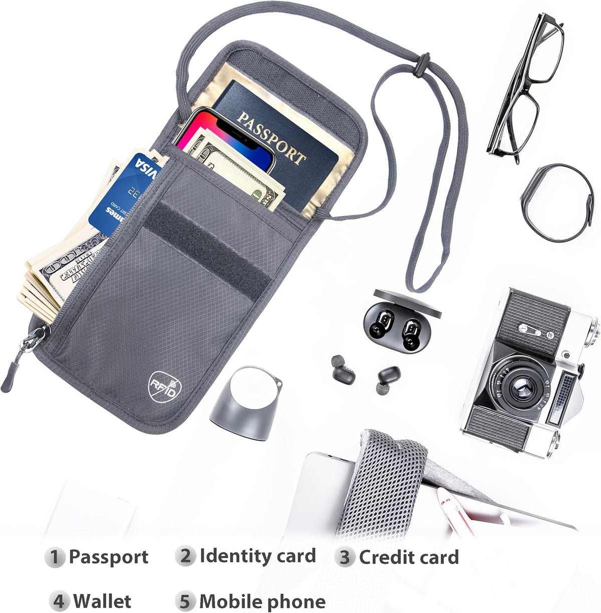 Passport Holder for Travel, Travel Wallet for Men Women Family, Hidden Neck Wallet, RFID Blocking, Card Holder Organizer(Black)