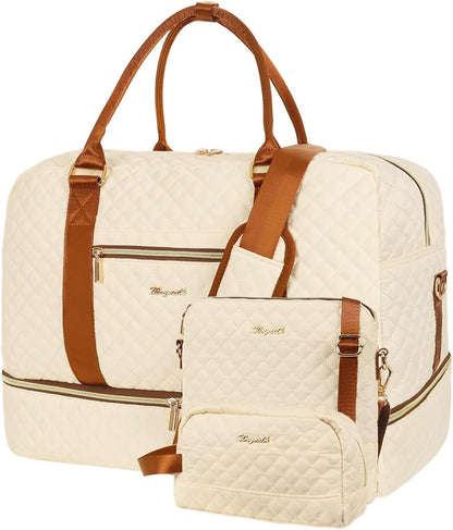 3PCS Weekender Bags for Women Large Overnight Bag Weekend Travel Duffel Bag Carry on Shoulder with Shoe Compartment Canvas Toiletry Bag for Travel Business Gym,Cream Bow