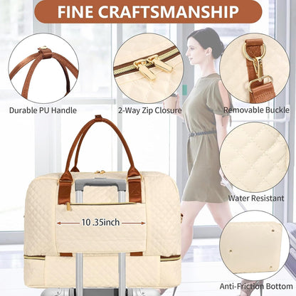 3PCS Weekender Bags for Women Large Overnight Bag Weekend Travel Duffel Bag Carry on Shoulder with Shoe Compartment Canvas Toiletry Bag for Travel Business Gym,Cream Bow