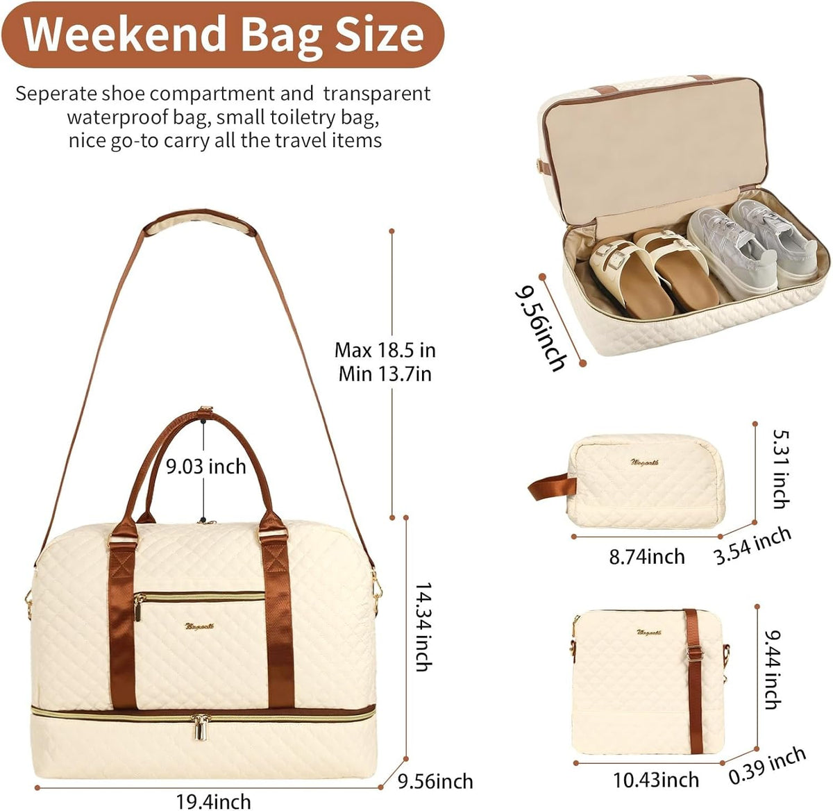 3PCS Weekender Bags for Women Large Overnight Bag Weekend Travel Duffel Bag Carry on Shoulder with Shoe Compartment Canvas Toiletry Bag for Travel Business Gym,Cream Bow