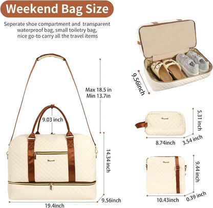 3PCS Weekender Bags for Women Large Overnight Bag Weekend Travel Duffel Bag Carry on Shoulder with Shoe Compartment Canvas Toiletry Bag for Travel Business Gym,Cream Bow