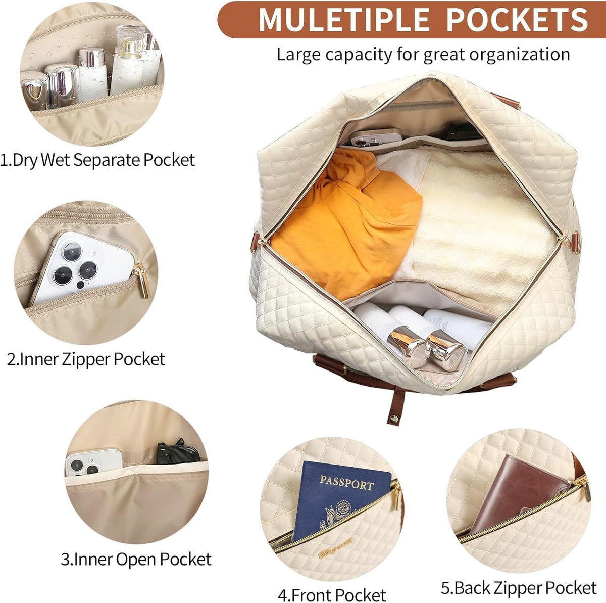 3PCS Weekender Bags for Women Large Overnight Bag Weekend Travel Duffel Bag Carry on Shoulder with Shoe Compartment Canvas Toiletry Bag for Travel Business Gym,Cream Bow