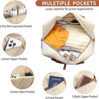 3PCS Weekender Bags for Women Large Overnight Bag Weekend Travel Duffel Bag Carry on Shoulder with Shoe Compartment Canvas Toiletry Bag for Travel Business Gym,Cream Bow