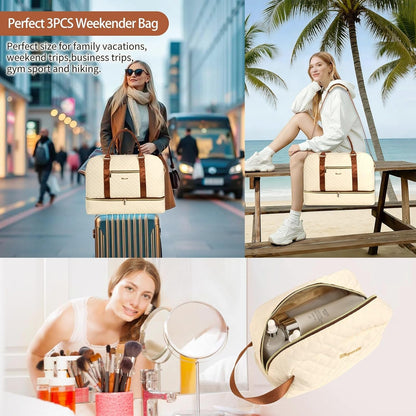 3PCS Weekender Bags for Women Large Overnight Bag Weekend Travel Duffel Bag Carry on Shoulder with Shoe Compartment Canvas Toiletry Bag for Travel Business Gym,Cream Bow