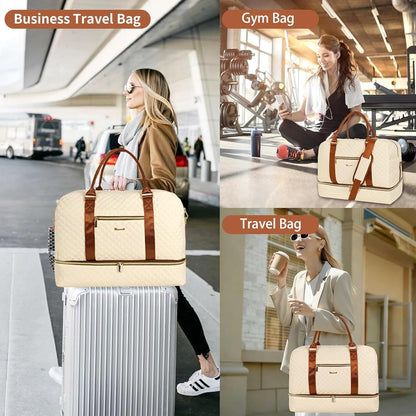 3PCS Weekender Bags for Women Large Overnight Bag Weekend Travel Duffel Bag Carry on Shoulder with Shoe Compartment Canvas Toiletry Bag for Travel Business Gym,Cream Bow