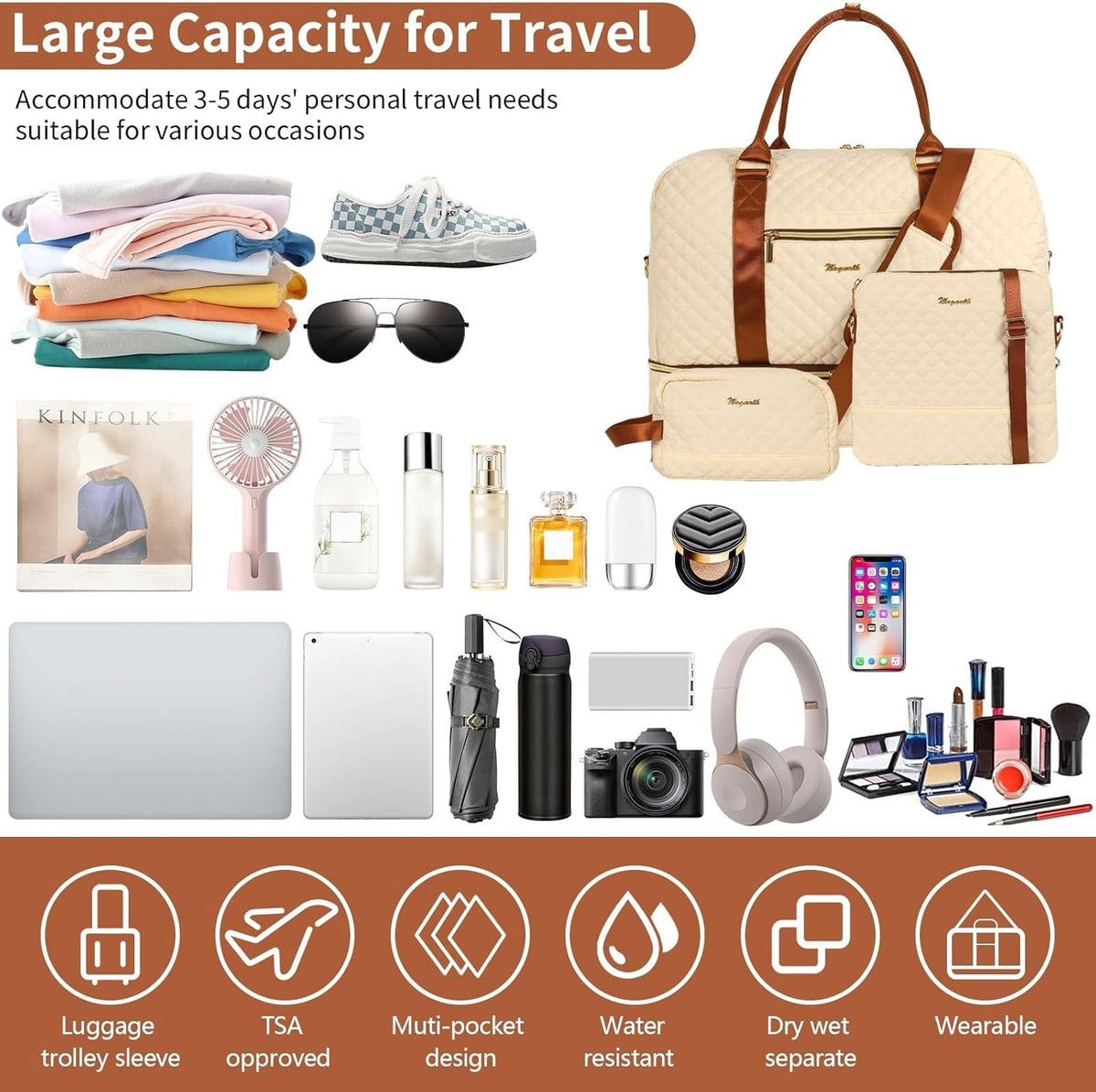 3PCS Weekender Bags for Women Large Overnight Bag Weekend Travel Duffel Bag Carry on Shoulder with Shoe Compartment Canvas Toiletry Bag for Travel Business Gym,Cream Bow