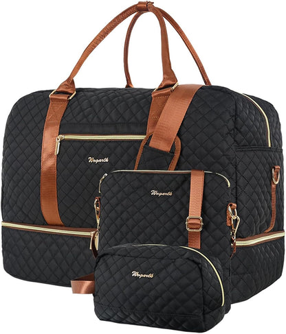3PCS Weekender Bags for Women Large Overnight Bag Weekend Travel Duffel Bag Carry on Shoulder with Shoe Compartment Canvas Toiletry Bag for Travel Business Gym,Cream Bow