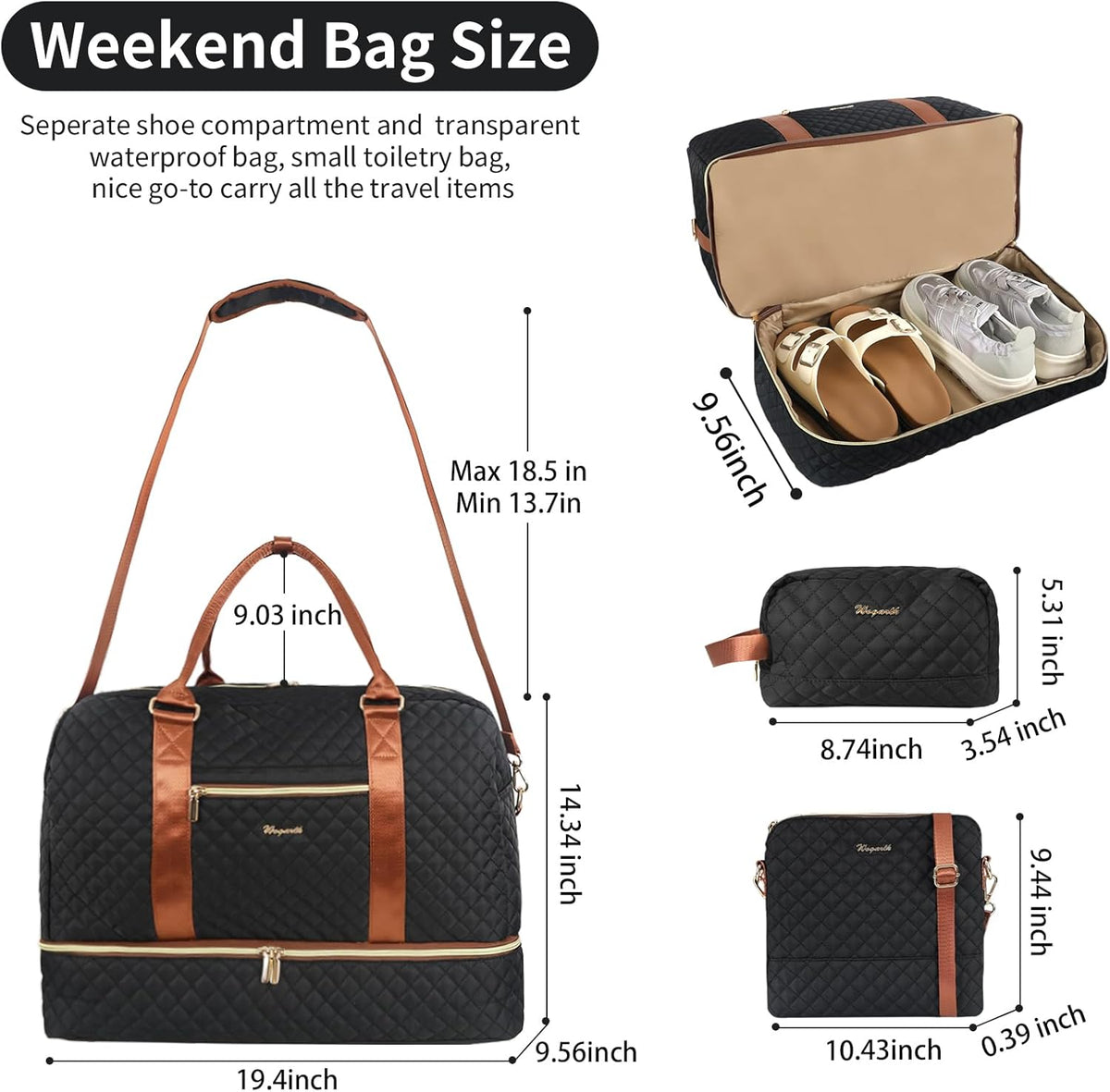 3PCS Weekender Bags for Women Large Overnight Bag Weekend Travel Duffel Bag Carry on Shoulder with Shoe Compartment Canvas Toiletry Bag for Travel Business Gym,Cream Bow
