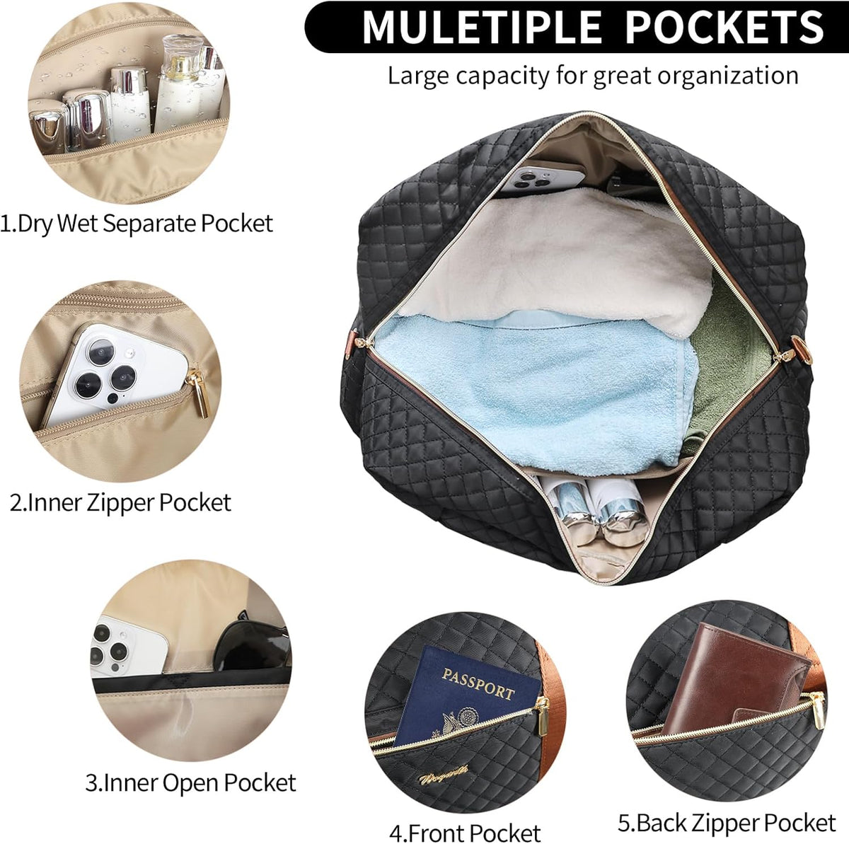 3PCS Weekender Bags for Women Large Overnight Bag Weekend Travel Duffel Bag Carry on Shoulder with Shoe Compartment Canvas Toiletry Bag for Travel Business Gym,Cream Bow