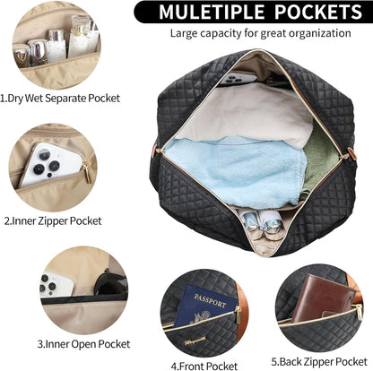 3PCS Weekender Bags for Women Large Overnight Bag Weekend Travel Duffel Bag Carry on Shoulder with Shoe Compartment Canvas Toiletry Bag for Travel Business Gym,Cream Bow