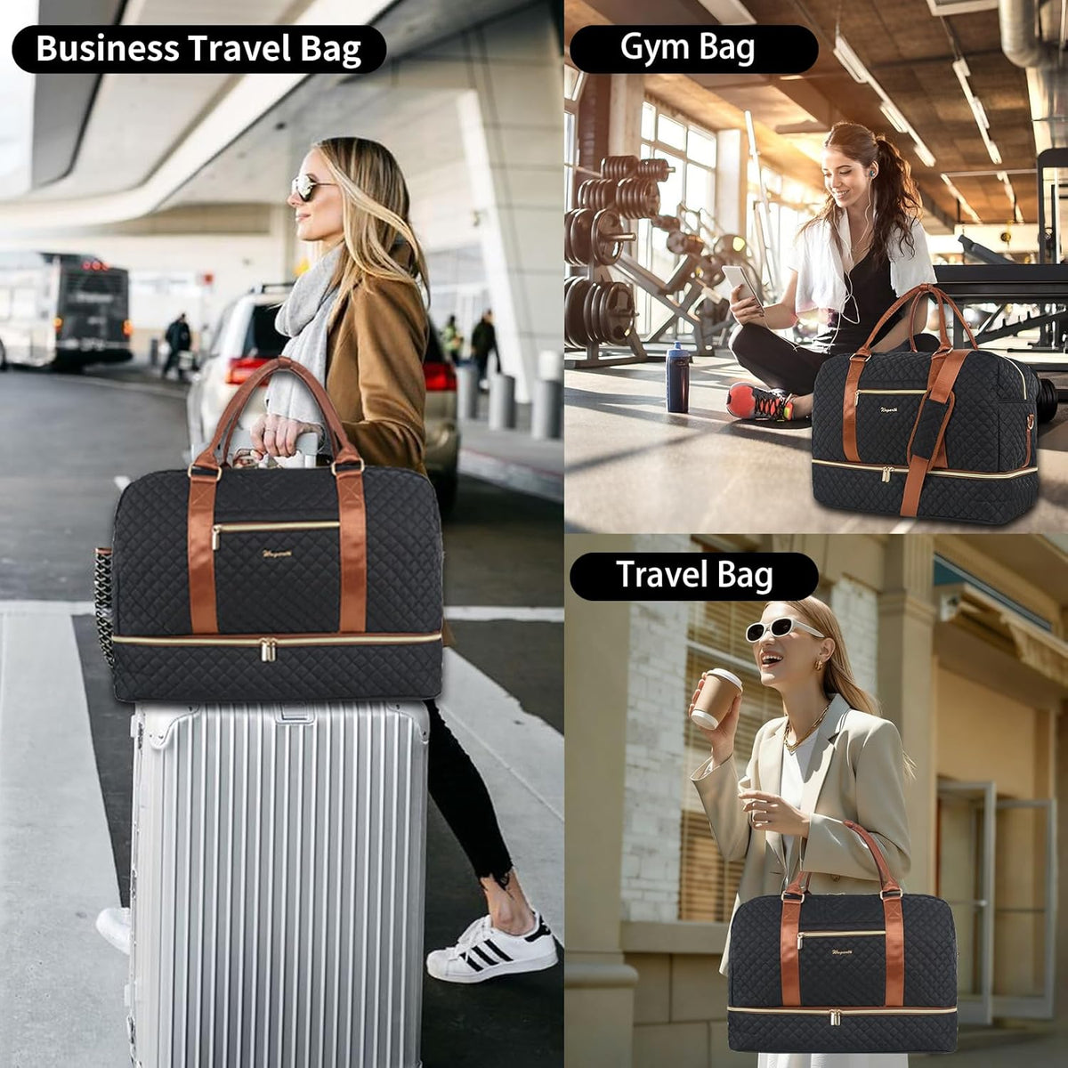 3PCS Weekender Bags for Women Large Overnight Bag Weekend Travel Duffel Bag Carry on Shoulder with Shoe Compartment Canvas Toiletry Bag for Travel Business Gym,Cream Bow