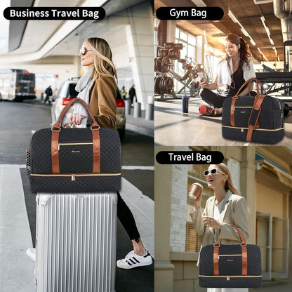 3PCS Weekender Bags for Women Large Overnight Bag Weekend Travel Duffel Bag Carry on Shoulder with Shoe Compartment Canvas Toiletry Bag for Travel Business Gym,Cream Bow