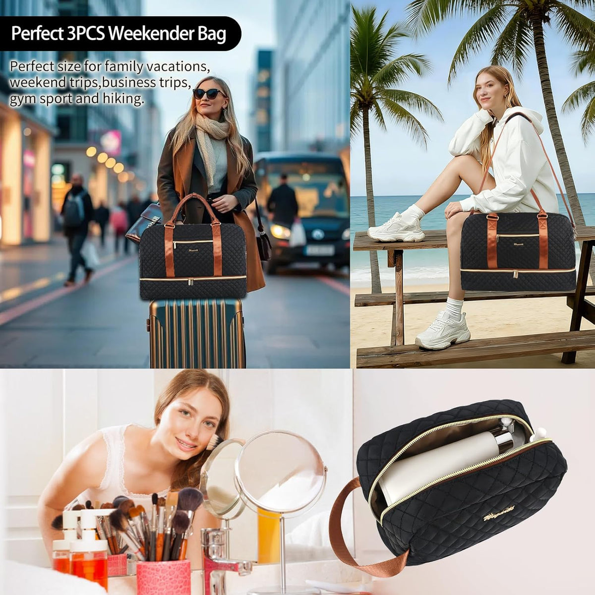 3PCS Weekender Bags for Women Large Overnight Bag Weekend Travel Duffel Bag Carry on Shoulder with Shoe Compartment Canvas Toiletry Bag for Travel Business Gym,Cream Bow