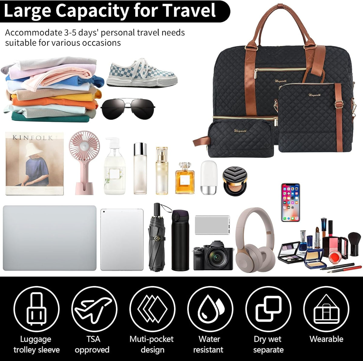 3PCS Weekender Bags for Women Large Overnight Bag Weekend Travel Duffel Bag Carry on Shoulder with Shoe Compartment Canvas Toiletry Bag for Travel Business Gym,Cream Bow